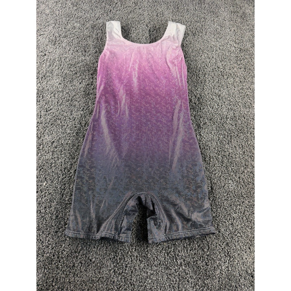 Girls Gymnastics Unitard Size 150 Pink Black Ombre Holographic Metallic Dance